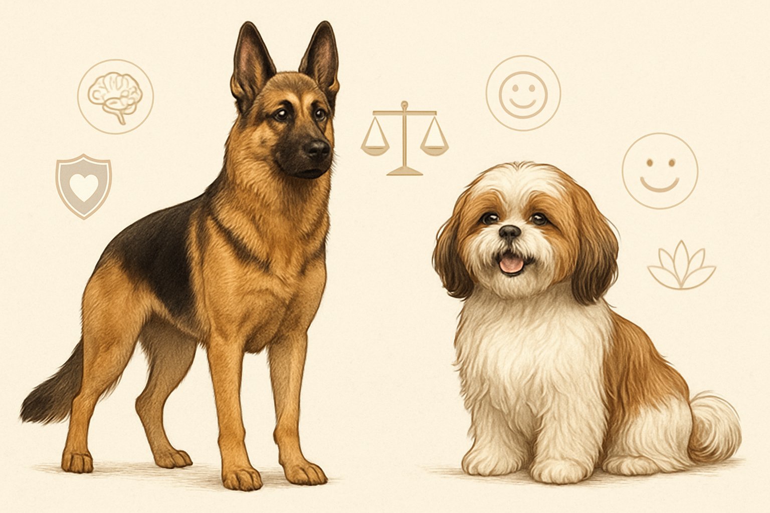 Two dogs side by side, a German Shepherd standing alert and a Shih Tzu sitting calmly, showing their different temperaments.