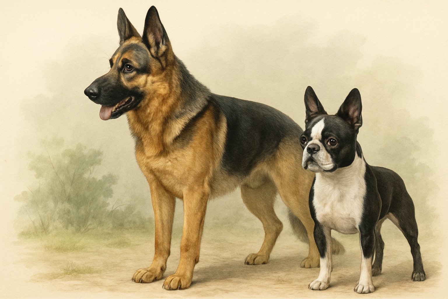 Side-by-side image of a German Shepherd and a Boston Terrier standing outdoors, showing their size and physical differences.