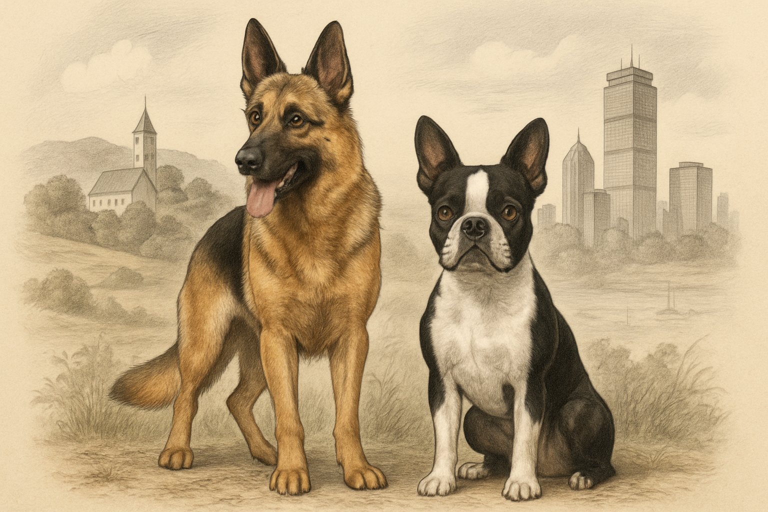 A German Shepherd and a Boston Terrier are shown side by side outdoors, with a German countryside in the background behind the German Shepherd and a cityscape behind the Boston Terrier.