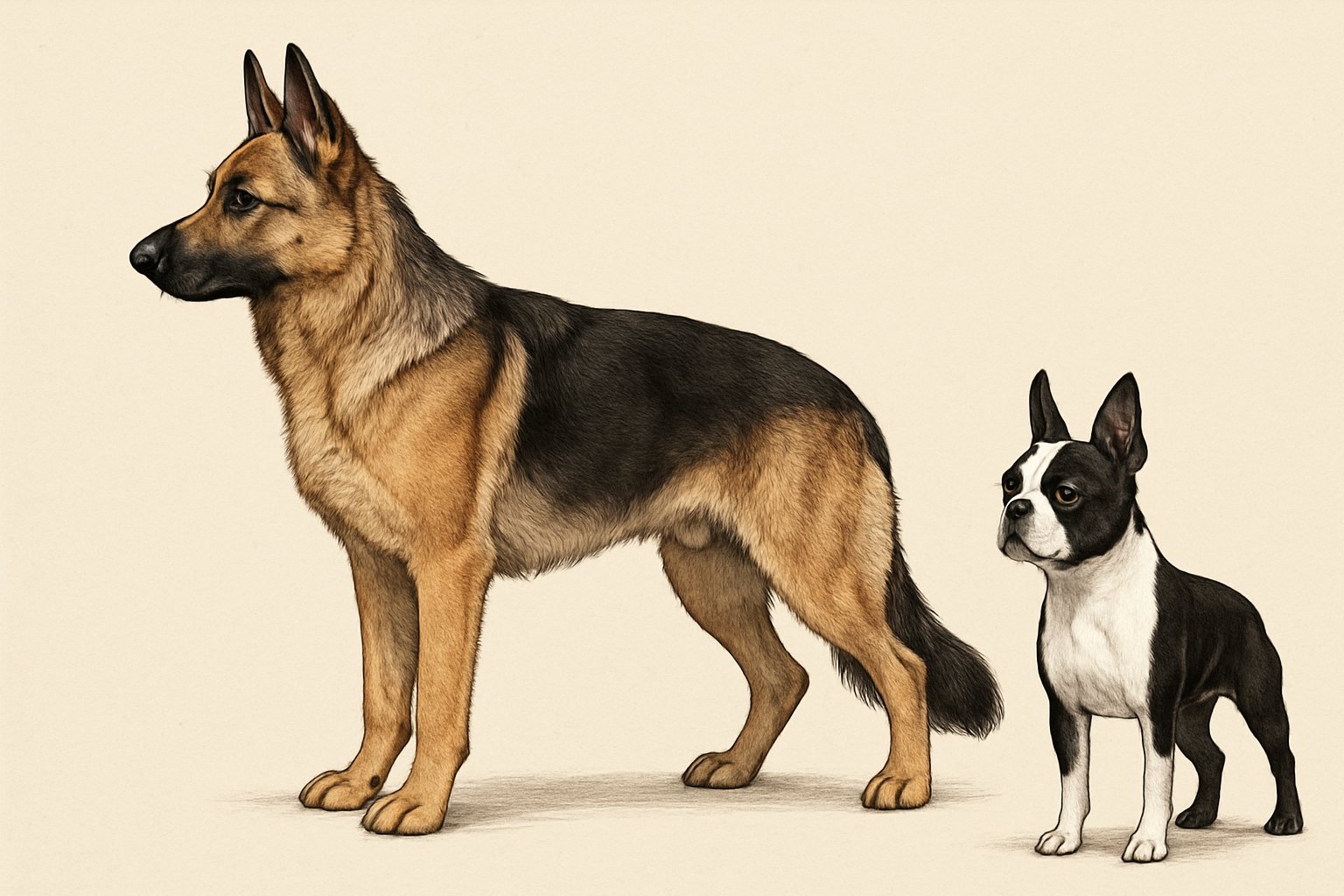 A side-by-side comparison of a German Shepherd and a Boston Terrier standing on a plain background, showing their size and physical differences.