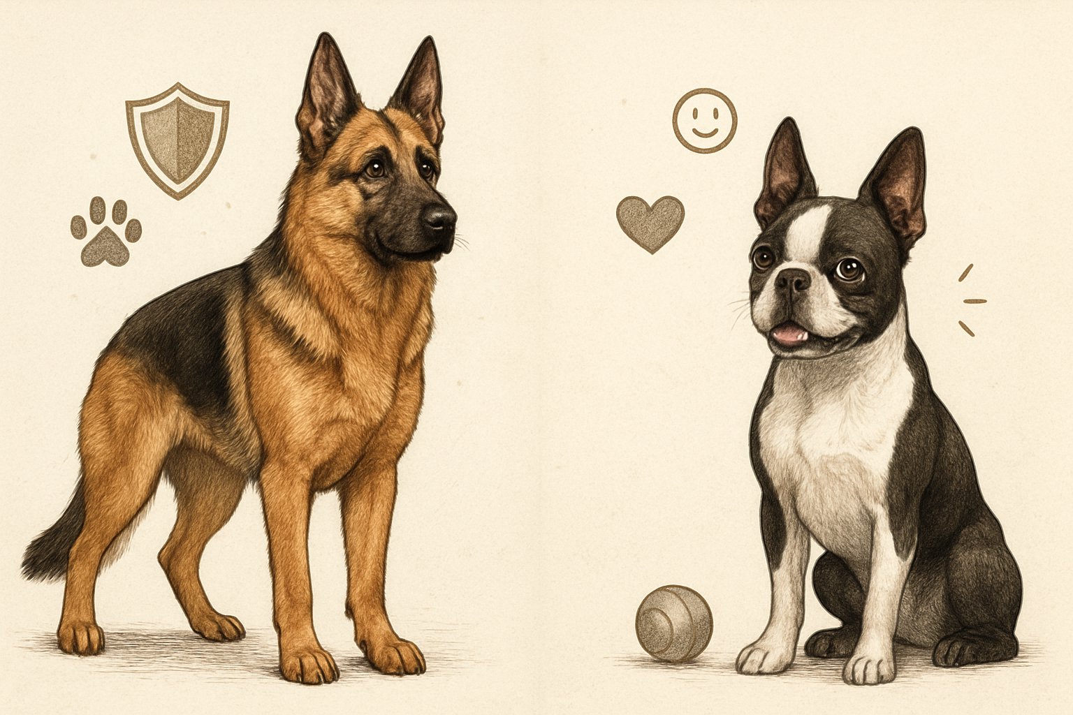A German Shepherd standing confidently next to a sitting Boston Terrier, each showing their distinct physical traits and expressions.