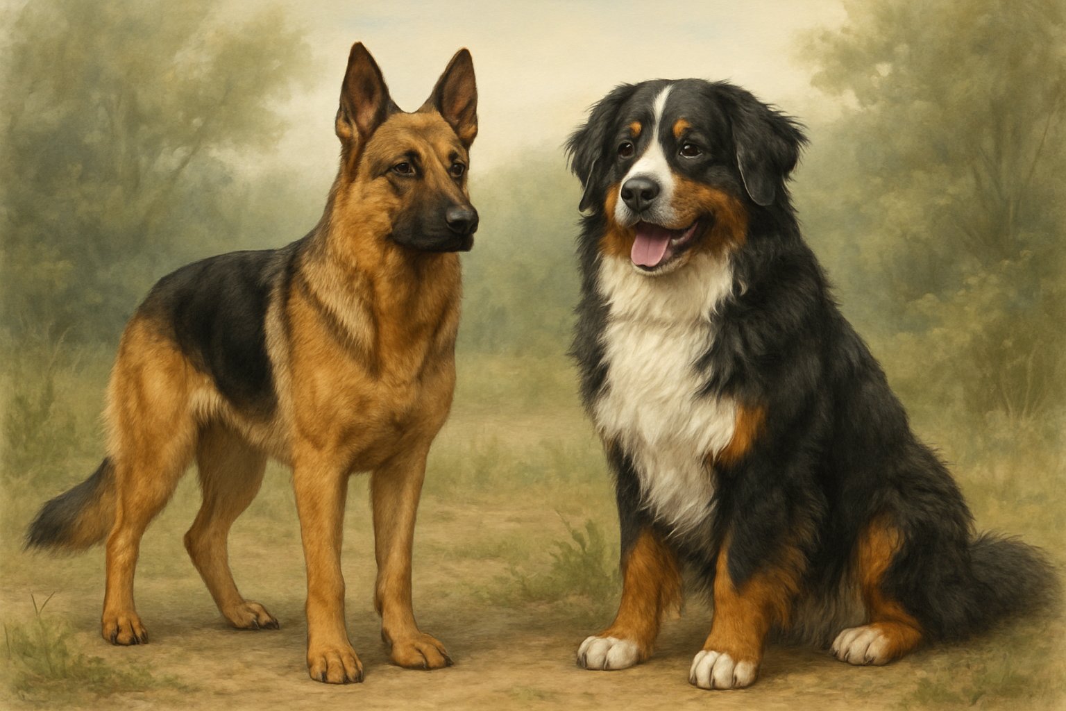A German Shepherd and a Bernese Mountain Dog standing side by side outdoors, showing their distinctive coat colors and features.