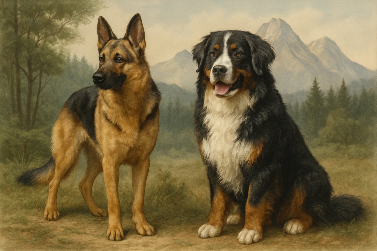 A German Shepherd and a Bernese Mountain Dog are shown side by side outdoors with mountains and forest in the background.