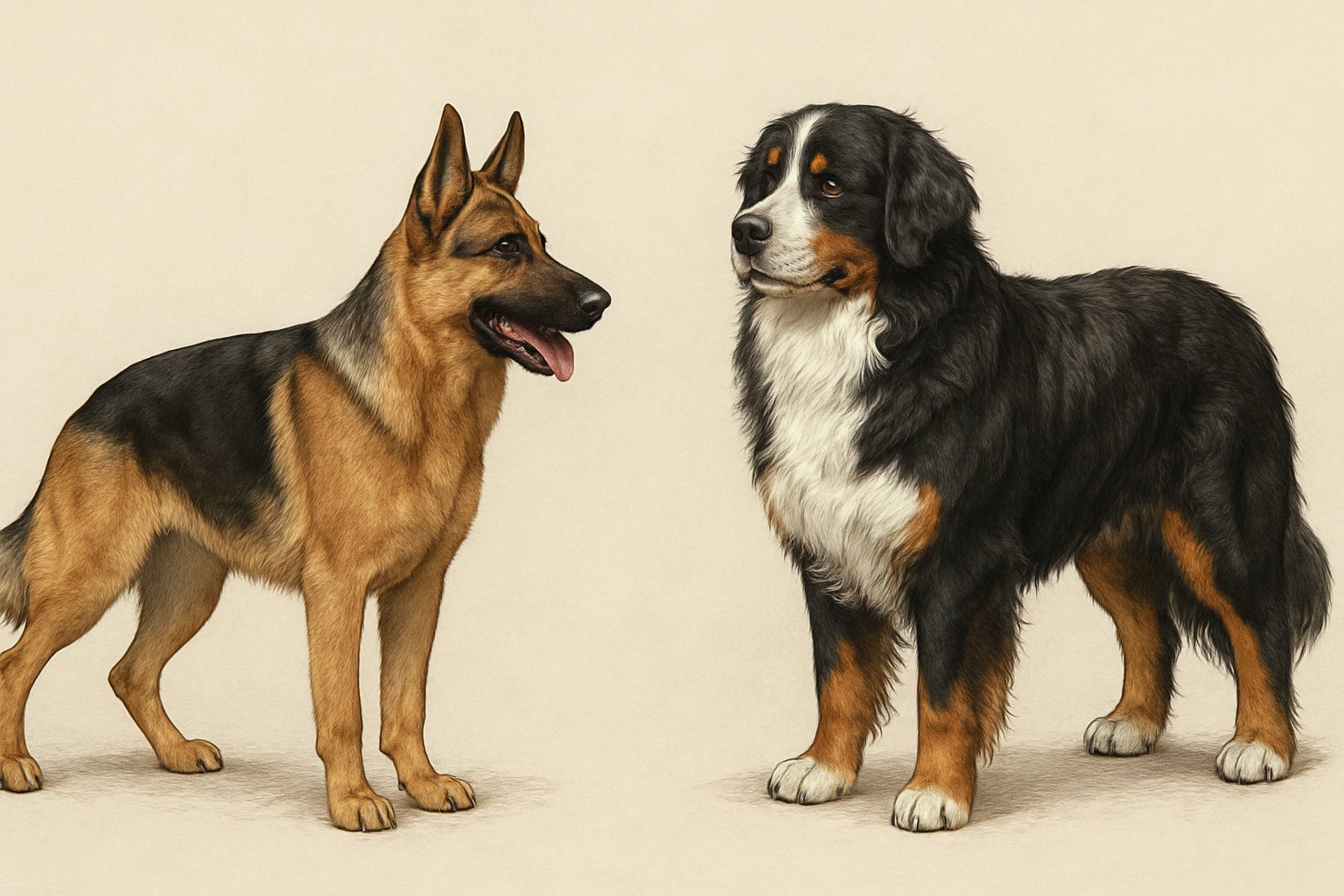 Two dogs standing side by side, a German Shepherd with black and tan fur and erect ears, and a Bernese Mountain Dog with long black, white, and rust fur and a gentle expression.