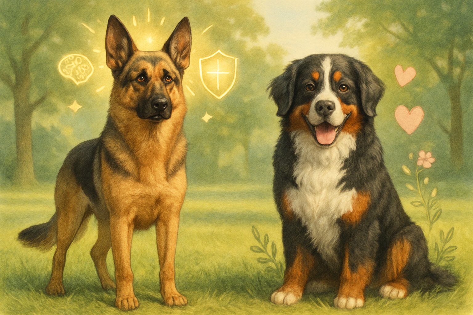 A German Shepherd standing alert next to a calm Bernese Mountain Dog sitting in a grassy park, surrounded by subtle symbols representing their different temperaments.