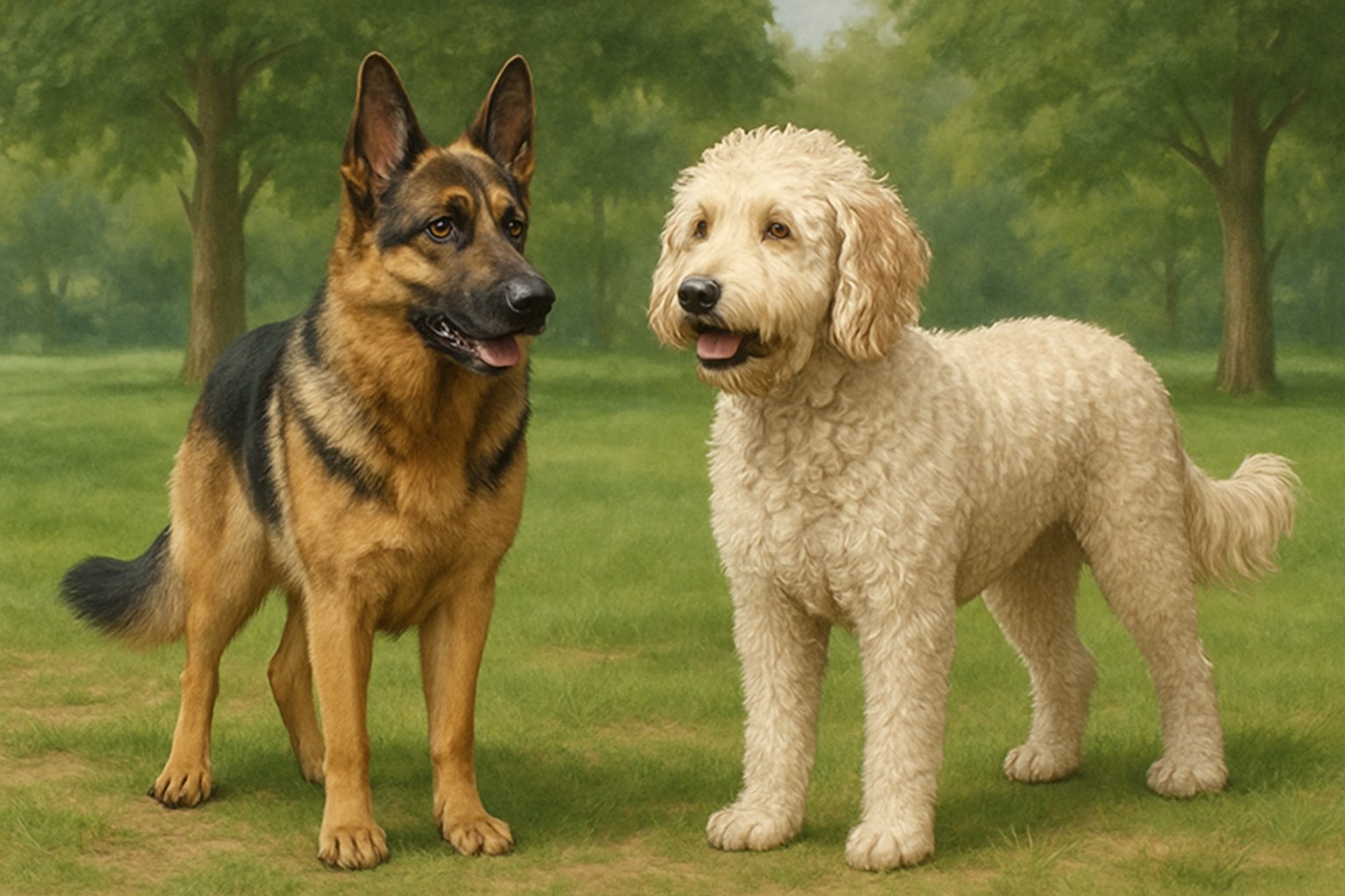 A German Shepherd and a Labradoodle standing side by side outdoors in a green park.