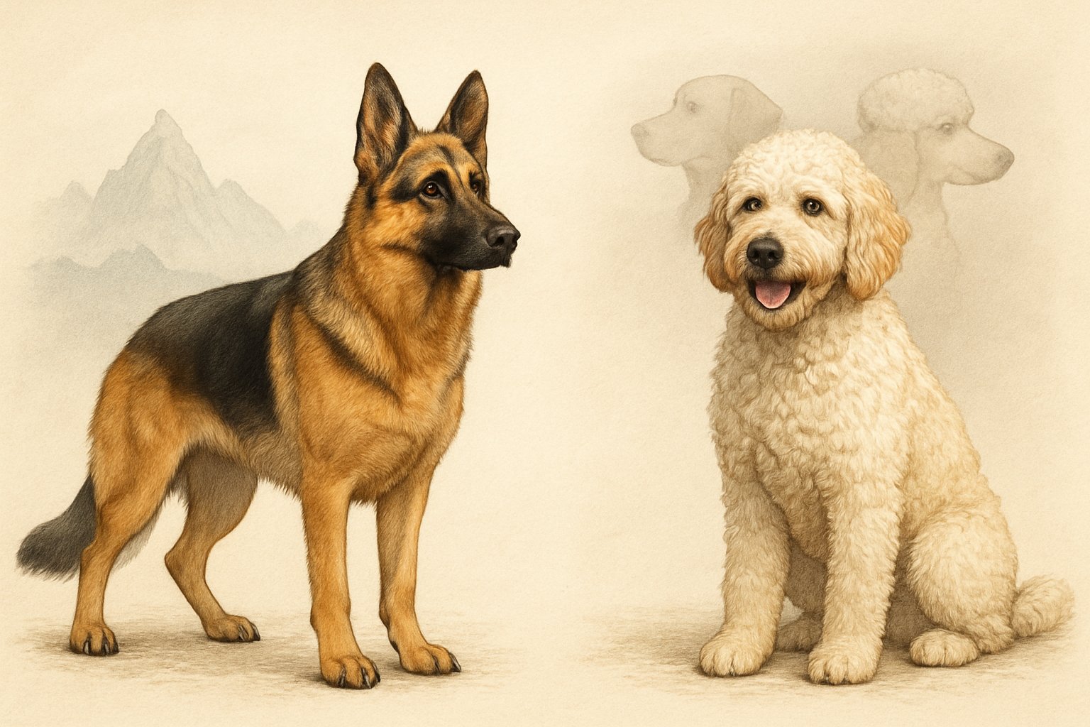 Two dogs standing side by side, a German Shepherd on the left and a Labradoodle on the right, with backgrounds hinting at their breed origins.