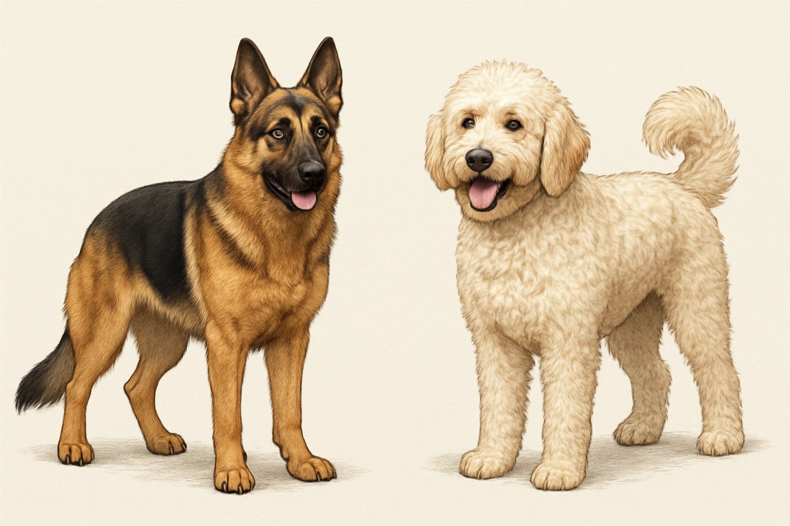 Side-by-side illustration of a German Shepherd and a Labradoodle standing and facing slightly forward, showing their different sizes, coat types, and body shapes.