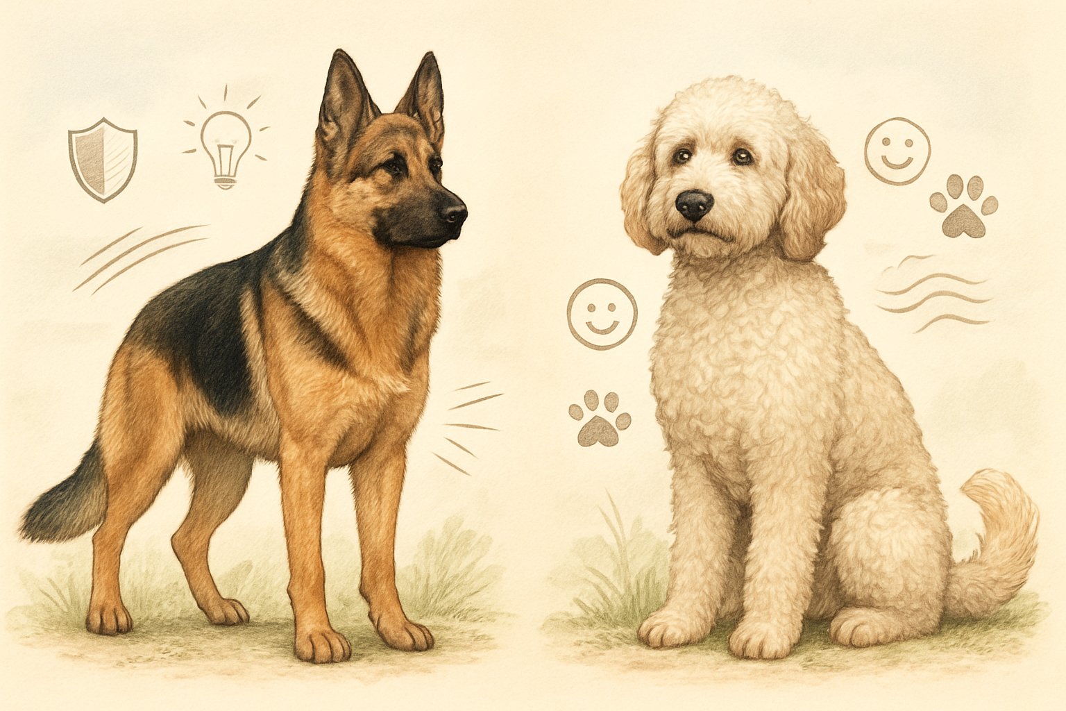 Side-by-side illustration of a German Shepherd standing alert and a Labradoodle sitting calmly, each surrounded by symbols representing their personality traits.