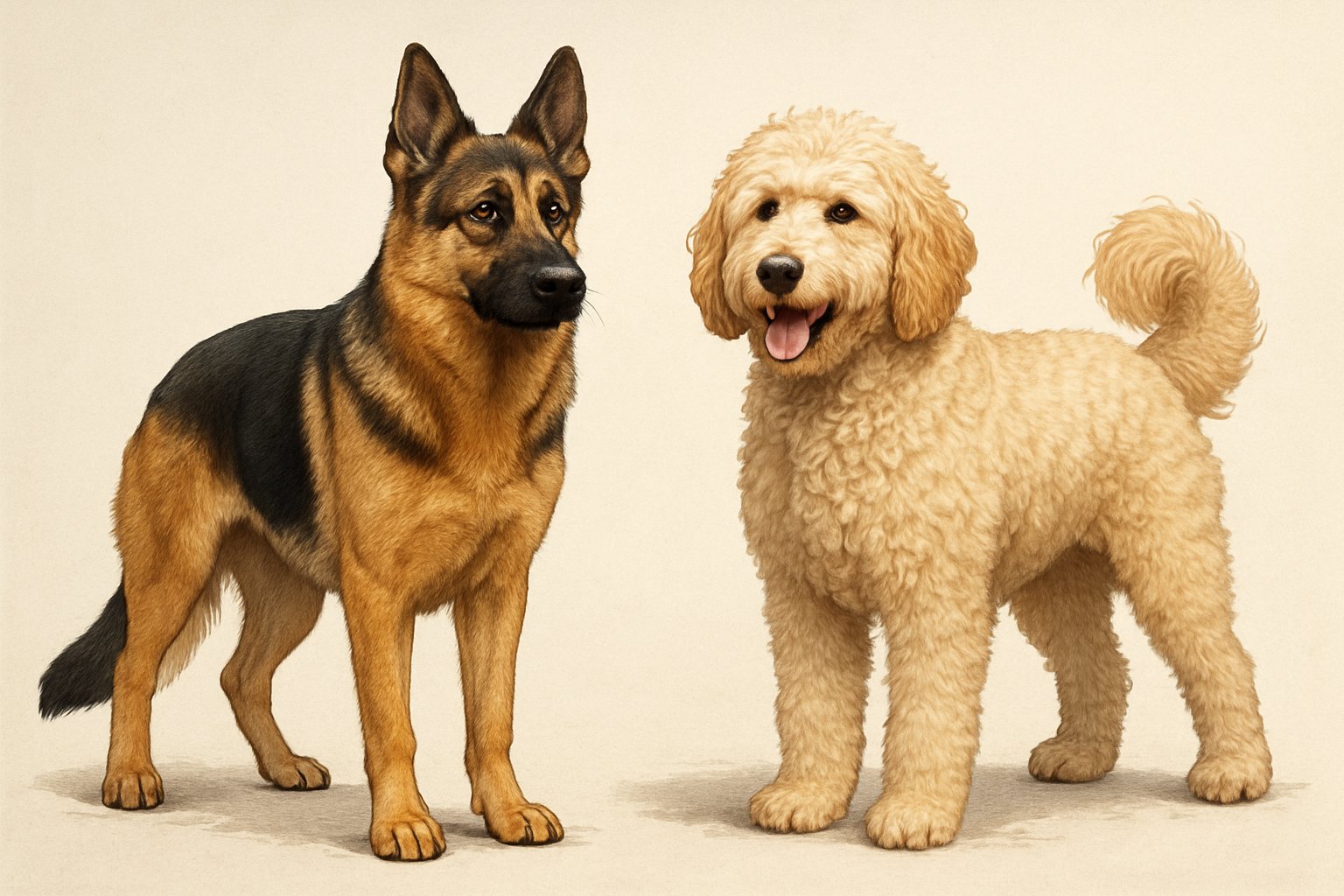 Side-by-side illustration of a German Shepherd and a Goldendoodle standing and facing forward.