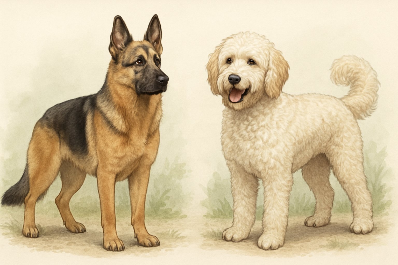 Side-by-side illustration of a German Shepherd and a Goldendoodle standing outdoors, showing their different sizes and coat types.