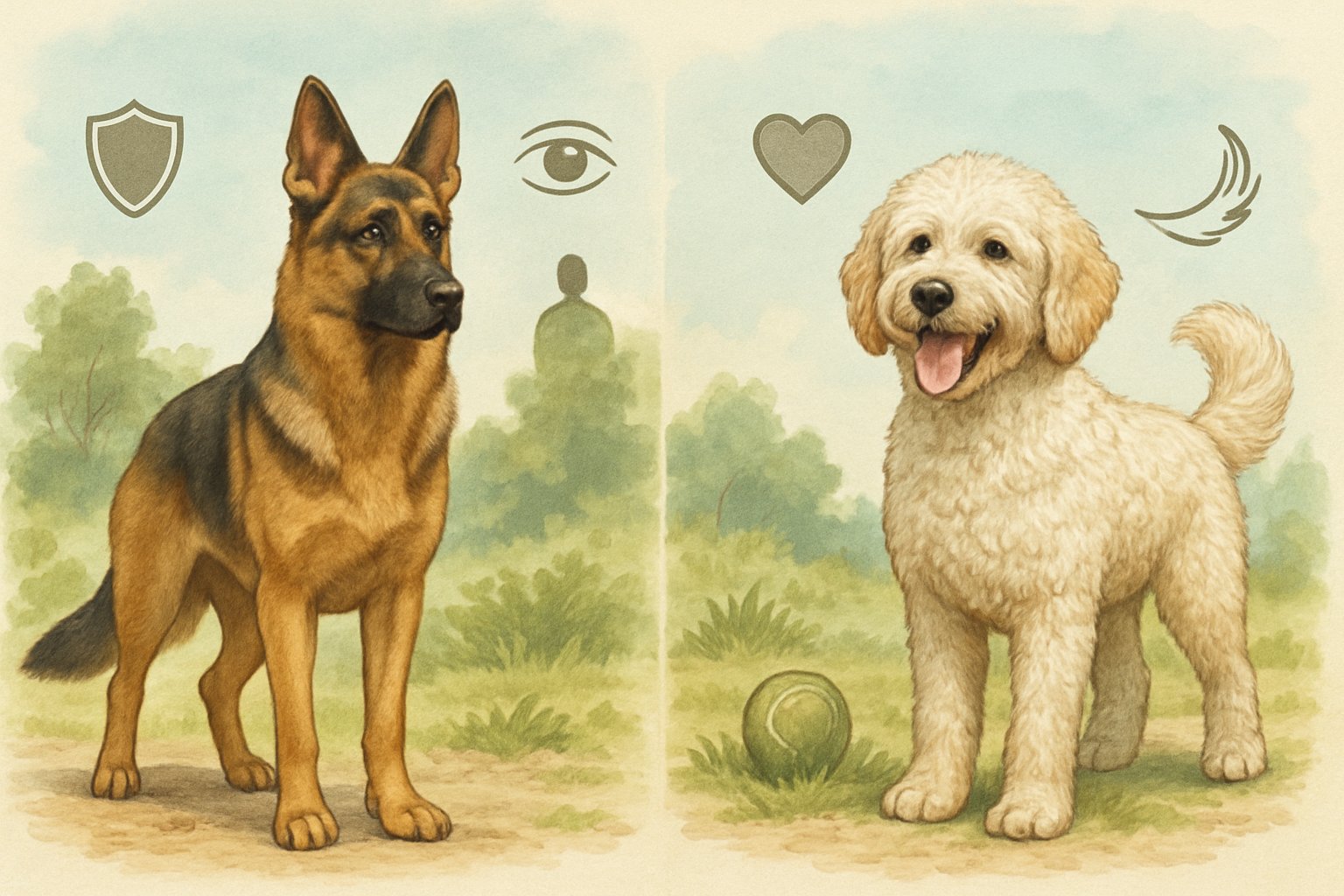 A German Shepherd and a Goldendoodle standing side by side outdoors, each showing their distinct physical features and expressions that reflect their different temperaments.
