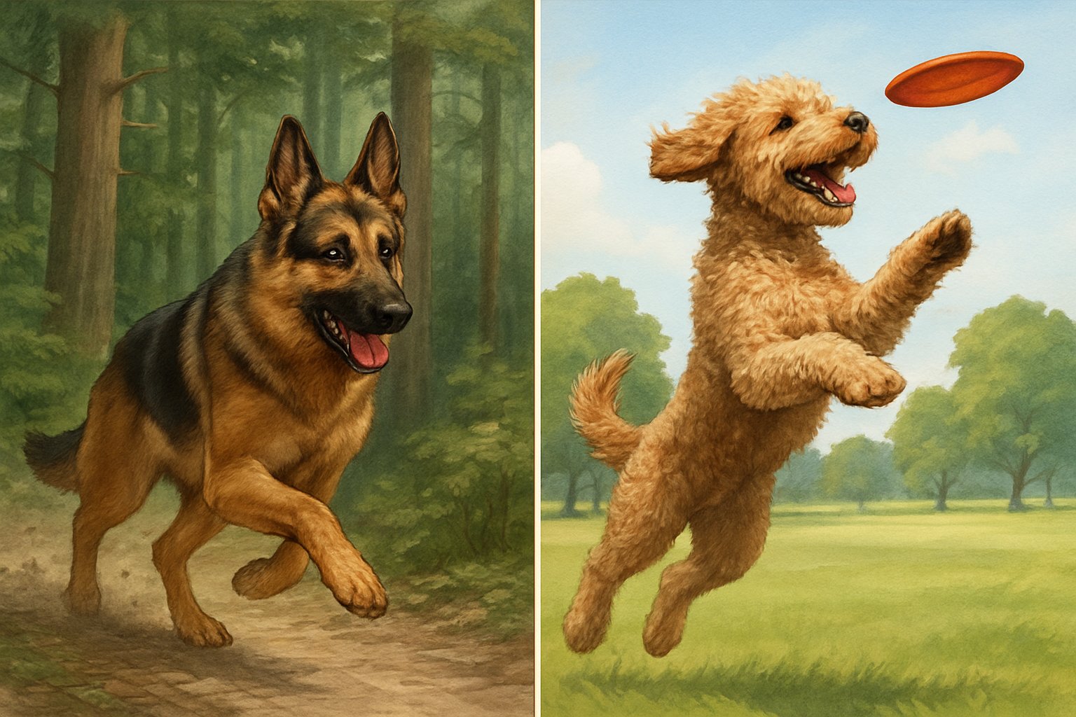 A German Shepherd running through a forest trail and a Goldendoodle jumping to catch a frisbee in a sunny park, shown side by side.