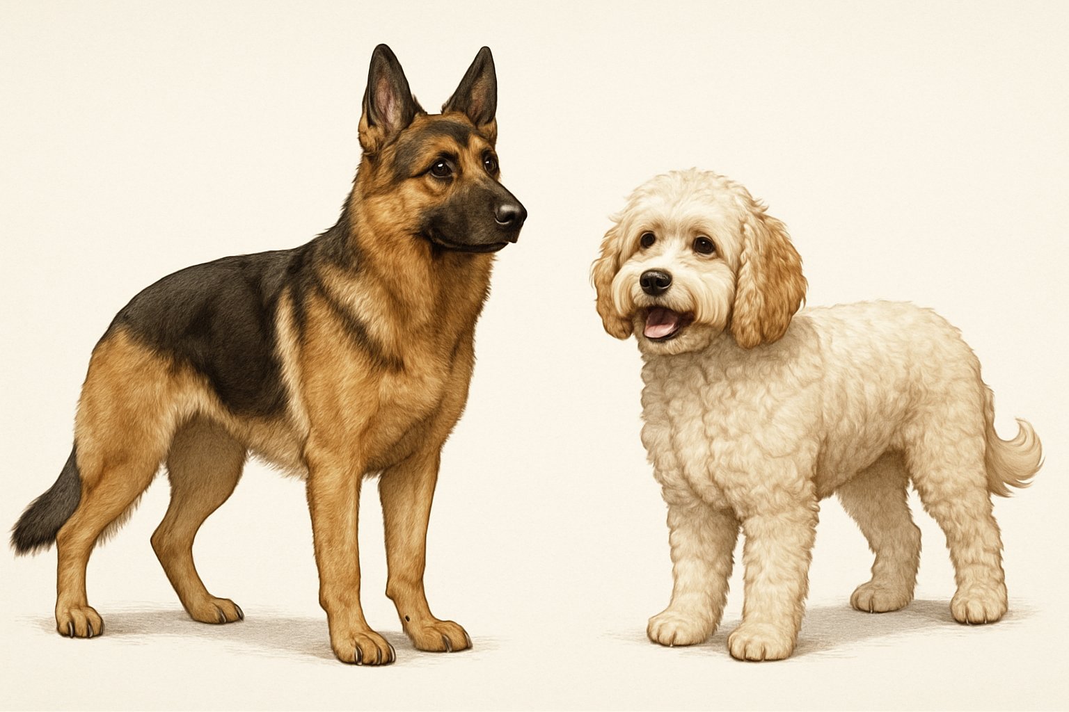 Side-by-side full-body view of a German Shepherd and a Cockapoo standing on a light background.