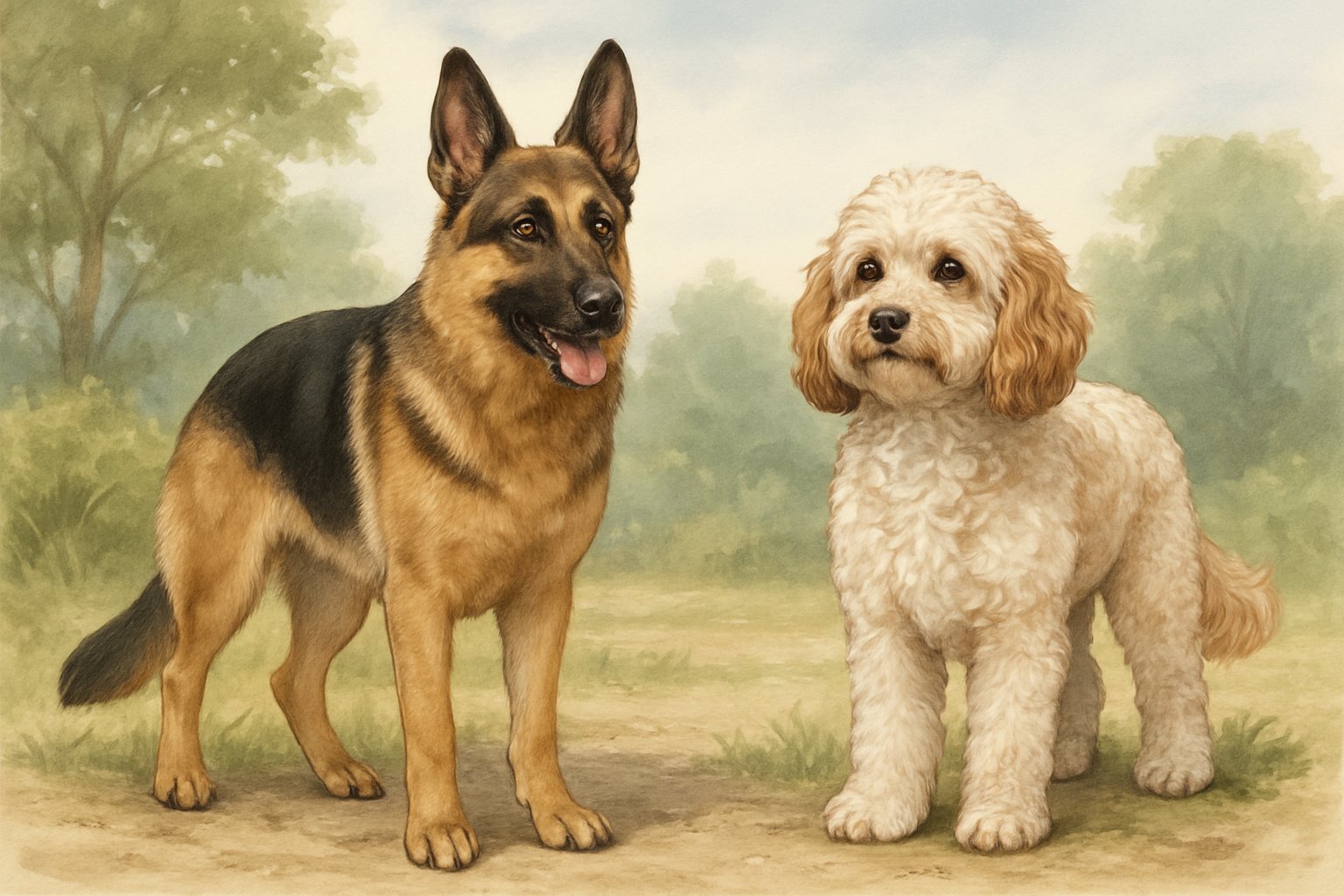 Two dogs standing side by side outdoors, a German Shepherd with black and tan fur and a Cockapoo with a curly cream and light brown coat.