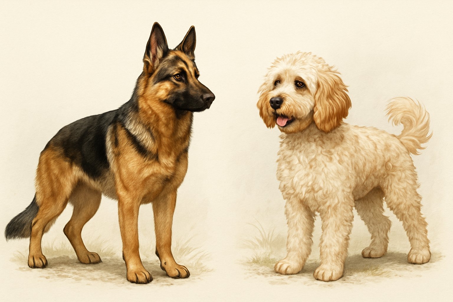 Side-by-side illustration of a German Shepherd and a Cockapoo standing on grass, showing their different sizes and coat types.