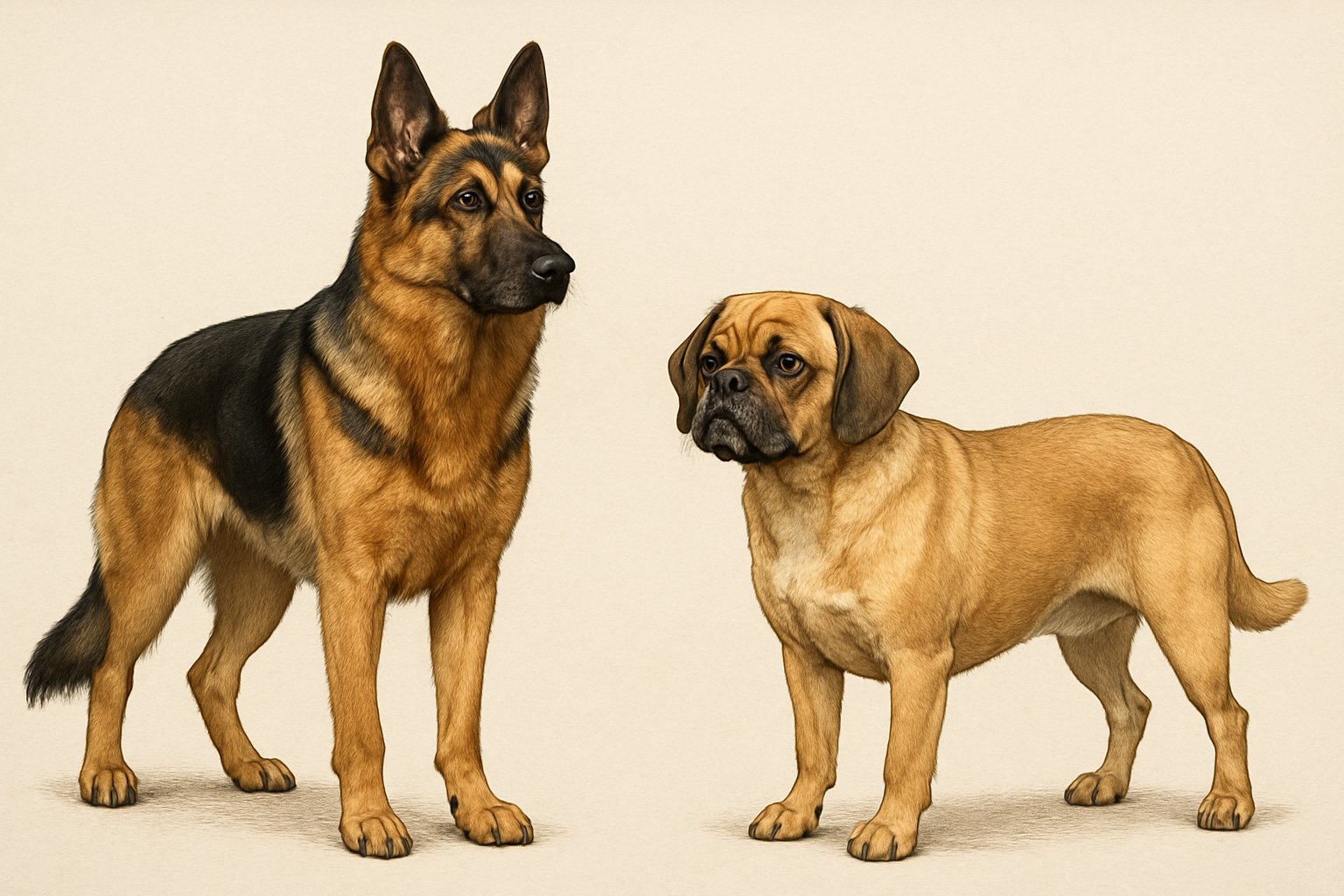 A German Shepherd and a Puggle standing side by side for a breed comparison.