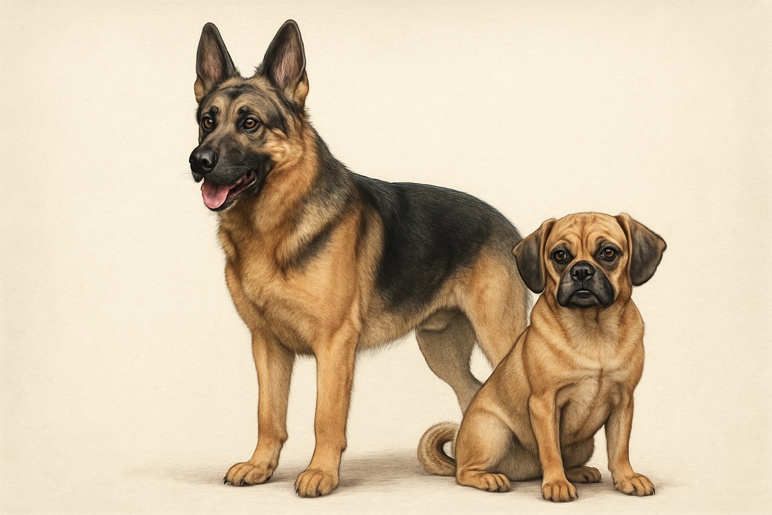 A German Shepherd and a Puggle are shown side by side, highlighting their size and physical differences.