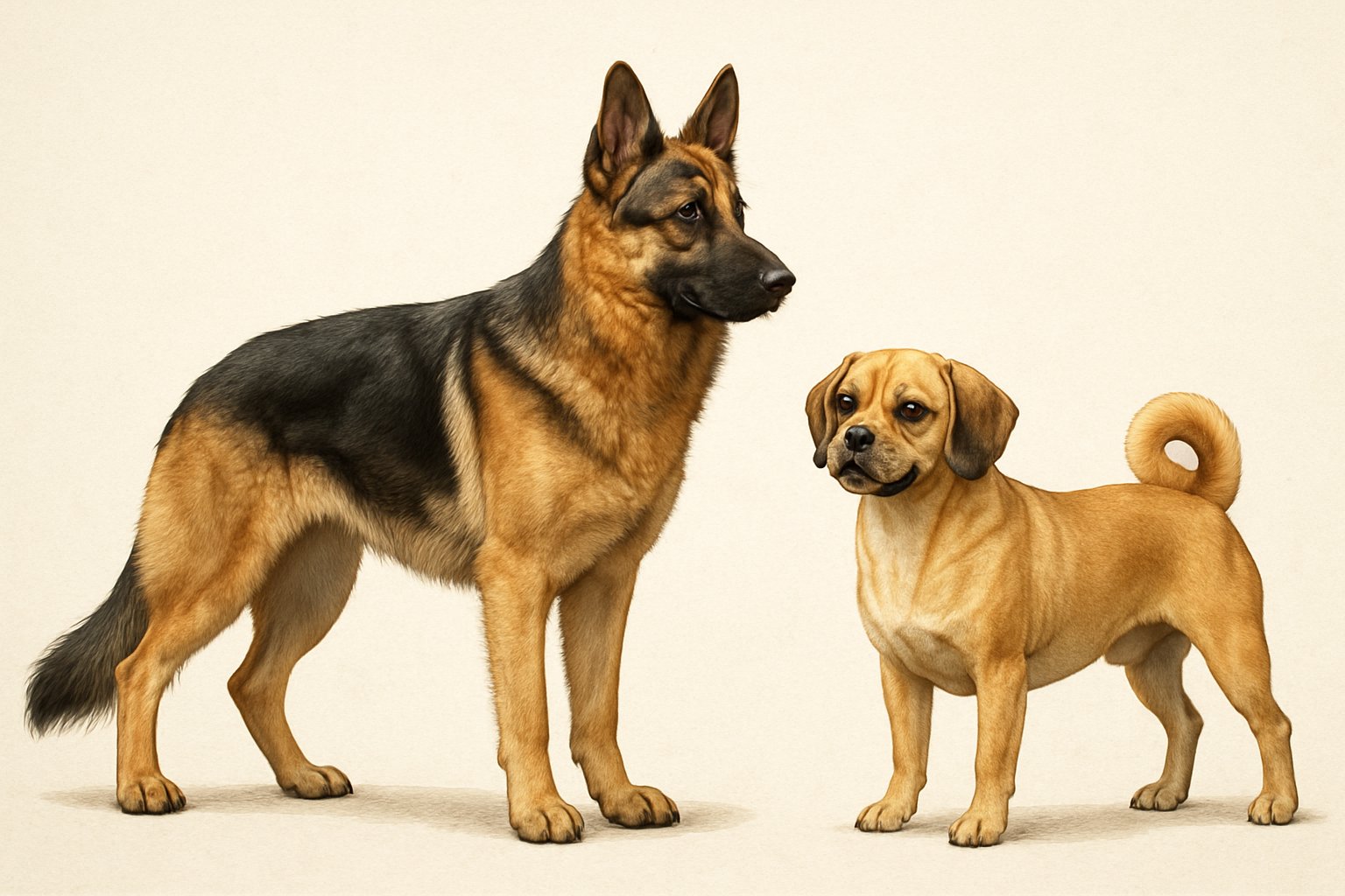 Side-by-side illustration of a German Shepherd and a Puggle standing next to each other, showing their size and physical differences.