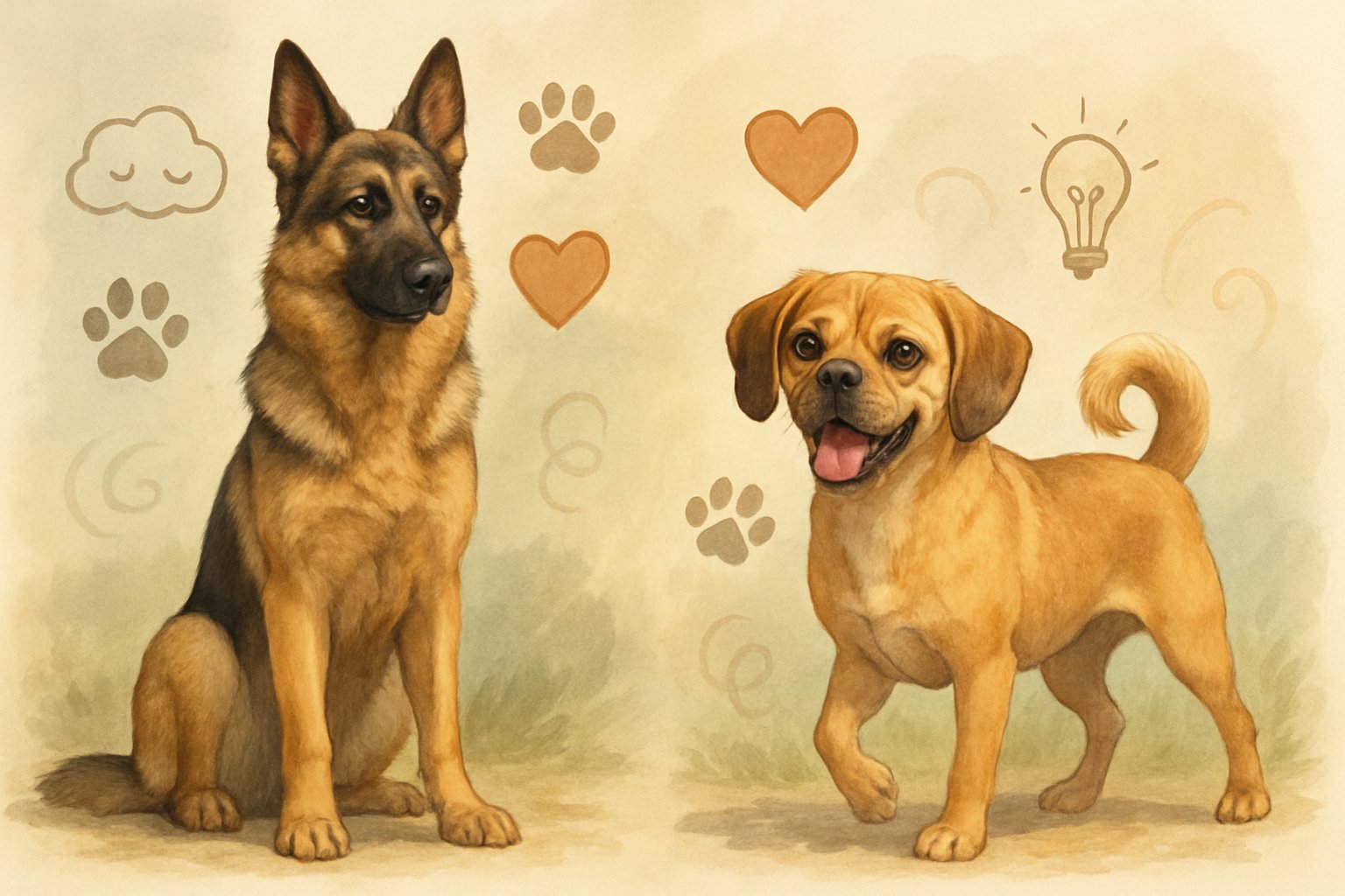 Two dogs side by side outdoors: a German Shepherd standing alert on the left and a smaller Puggle looking playful on the right, with subtle symbols around each representing their personality traits.