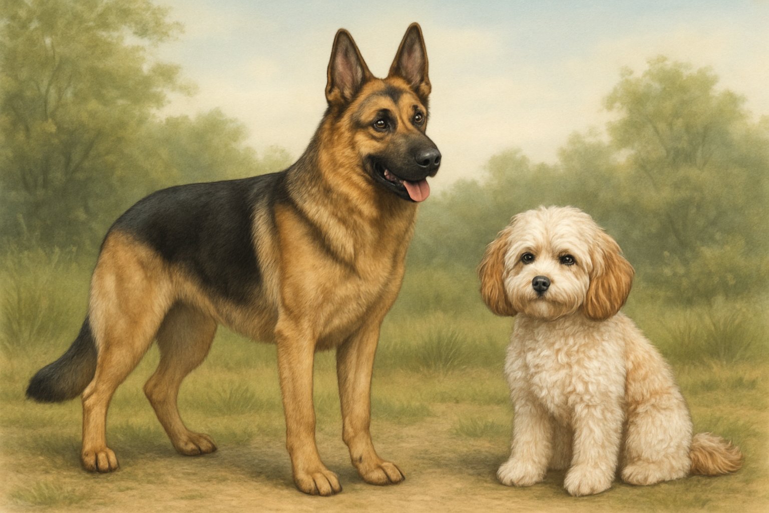 A German Shepherd standing next to a smaller Cavapoo sitting on grass in an outdoor setting.