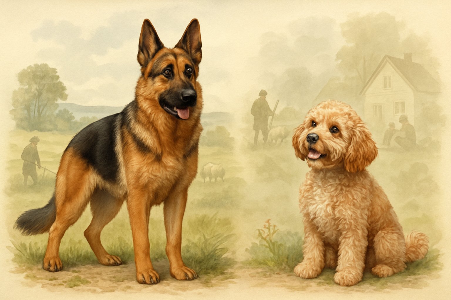 A German Shepherd and a Cavapoo are shown side by side outdoors, with the German Shepherd standing confidently and the Cavapoo sitting playfully, surrounded by subtle background elements representing their breed origins.
