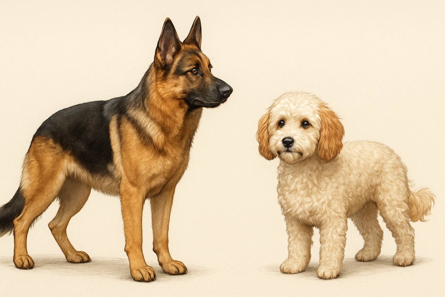 Side-by-side image of a German Shepherd and a Cavapoo standing next to each other, showing their size and coat differences.