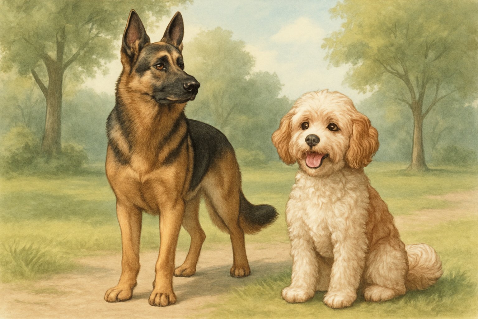 A German Shepherd standing alert next to a sitting Cavapoo in a park with trees and grass.