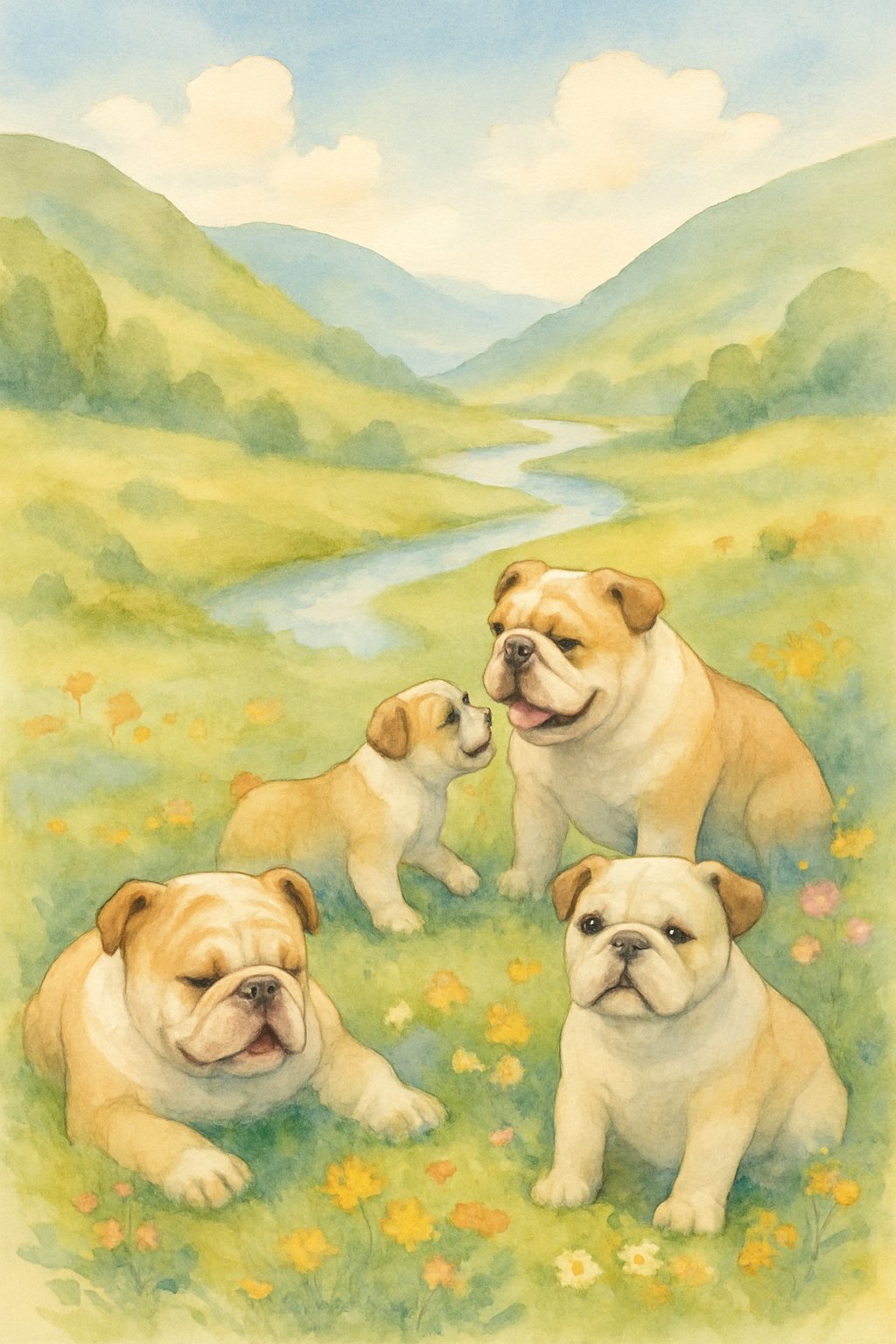 A peaceful valley with several bulldogs resting and playing among grass, wildflowers, rolling hills, and a river under a clear sky.
