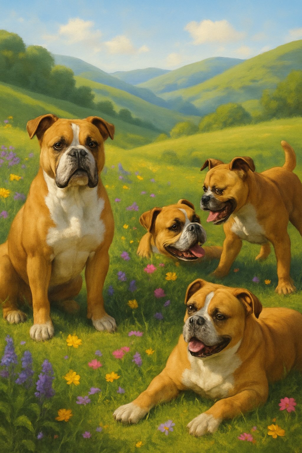Several Valley Bulldogs playing and resting in a sunny valley filled with colorful wildflowers and rolling green hills.