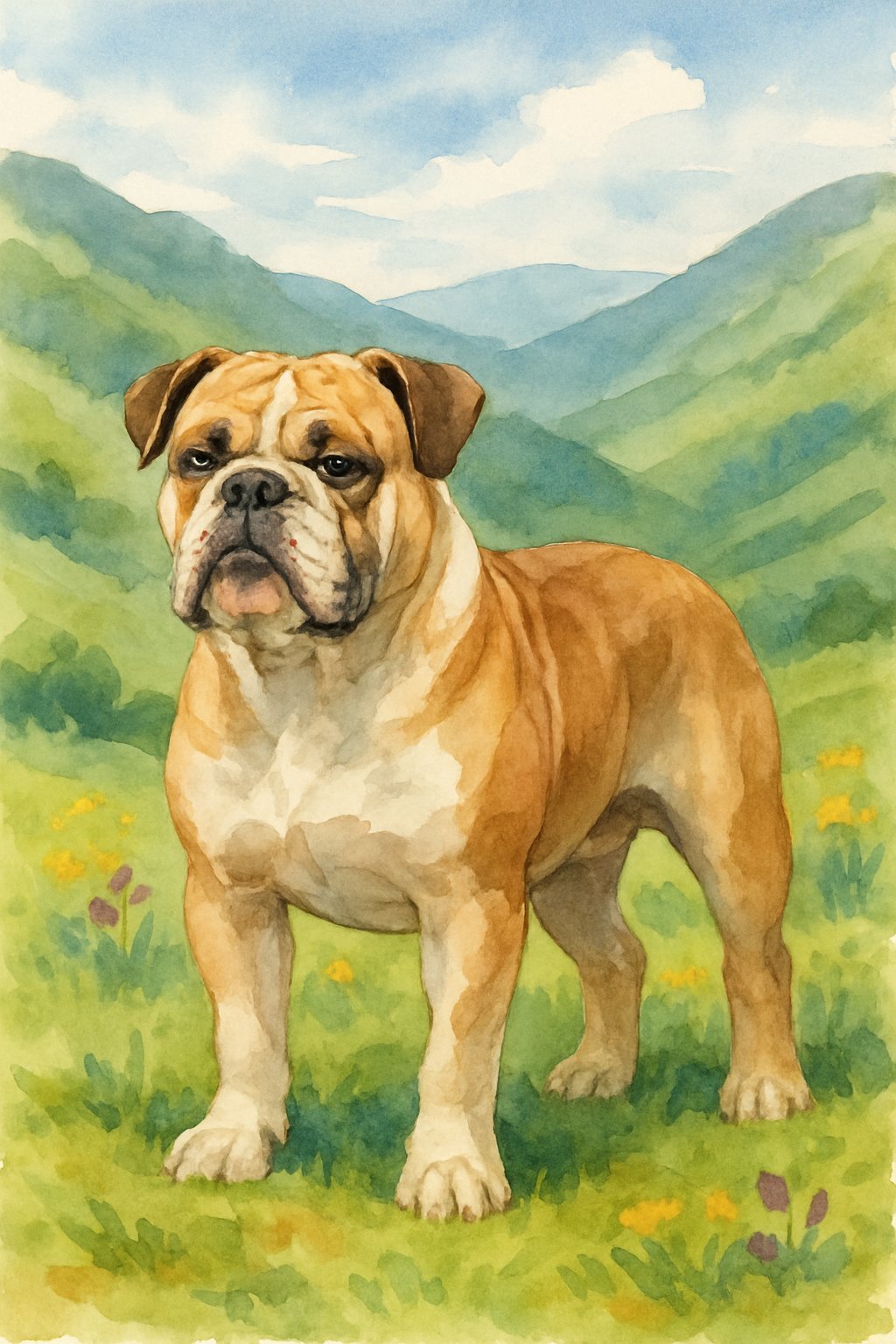 A male Valley Bulldog standing in a green valley with hills and wildflowers under a blue sky.