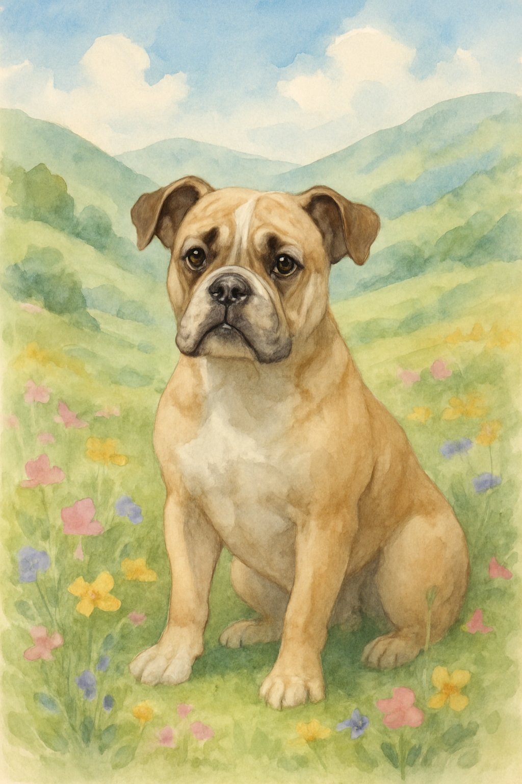 A female Valley Bulldog sitting in a green valley with wildflowers and hills under a blue sky.