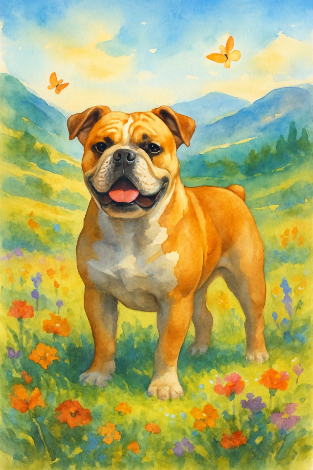 A valley bulldog standing in a sunlit valley with wildflowers, rolling hills, and distant mountains.