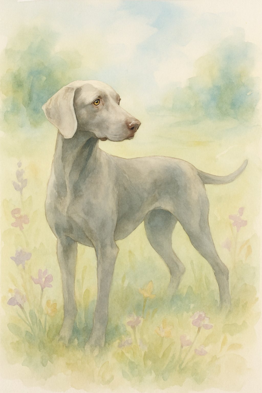 A Weimaraner dog standing in a meadow with wildflowers and a soft natural background.
