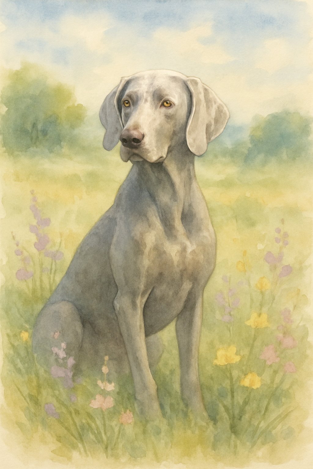 A Weimaraner dog sitting in a meadow surrounded by wildflowers with trees and sky in the background.