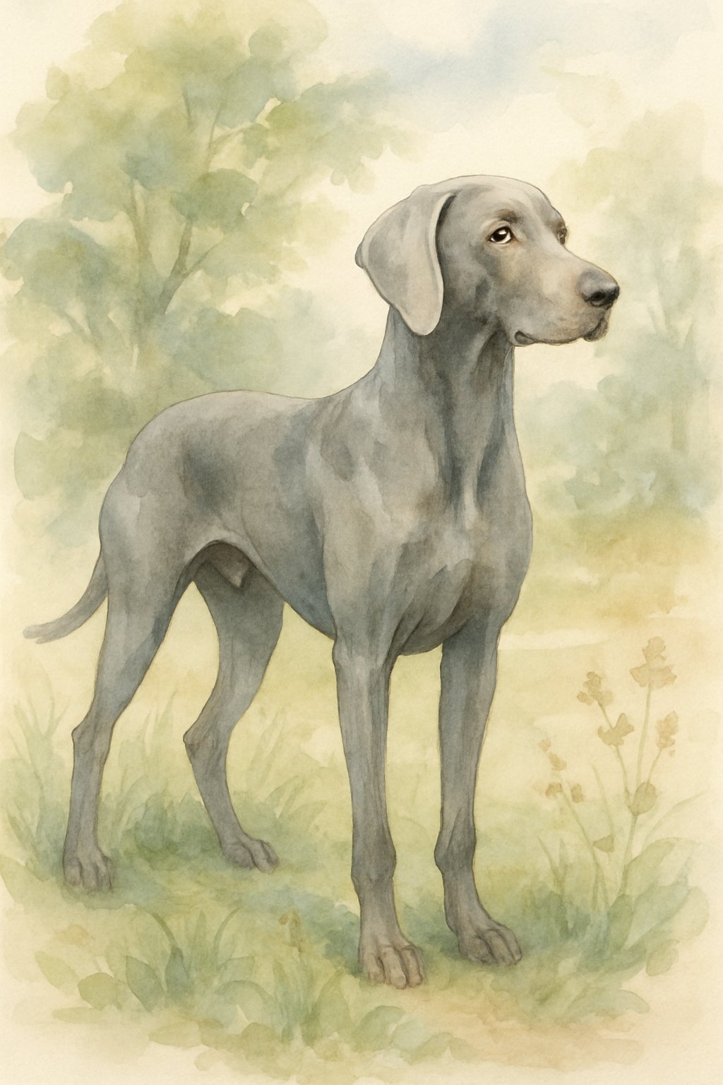 A male Weimaraner dog standing outdoors among grass and wildflowers with trees in the background.