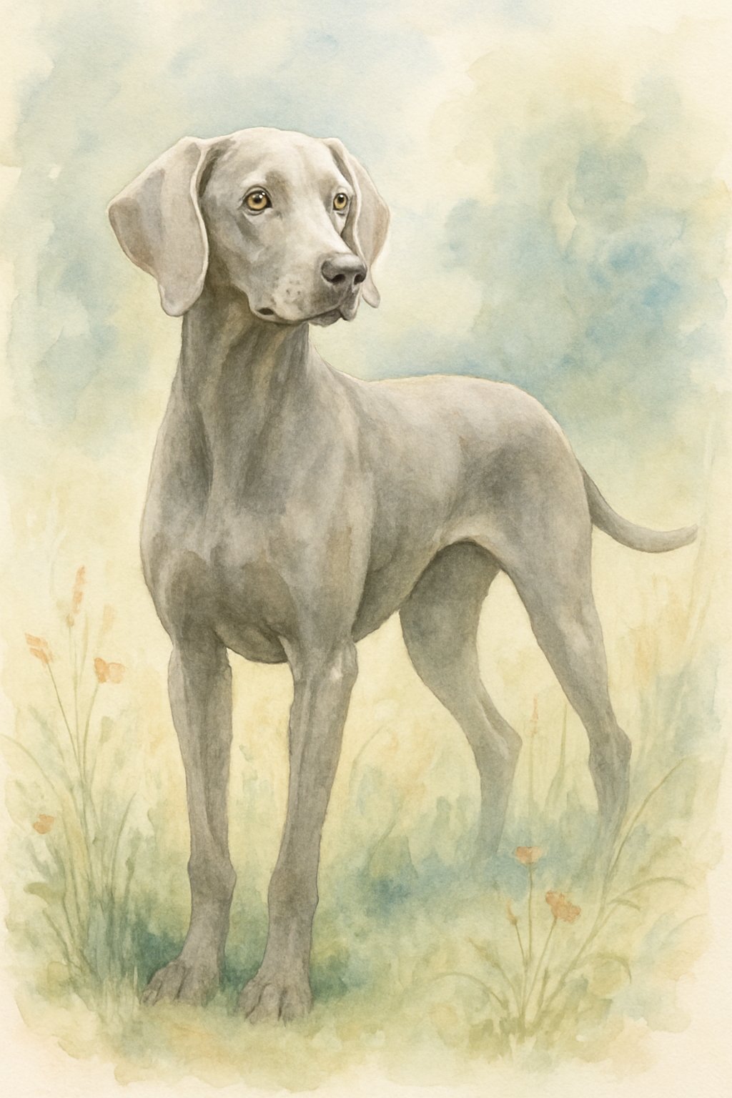 A female Weimaraner dog standing in a sunlit meadow with wildflowers and tall grasses.