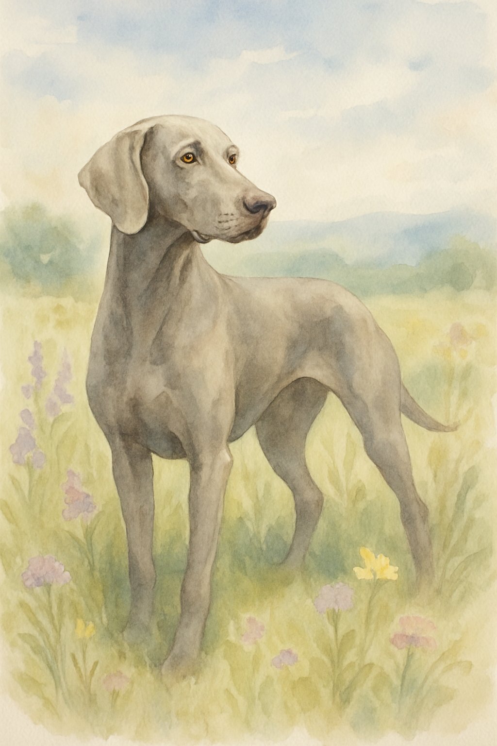 A graceful Weimaraner dog standing in a meadow with wildflowers and rolling hills in the background.