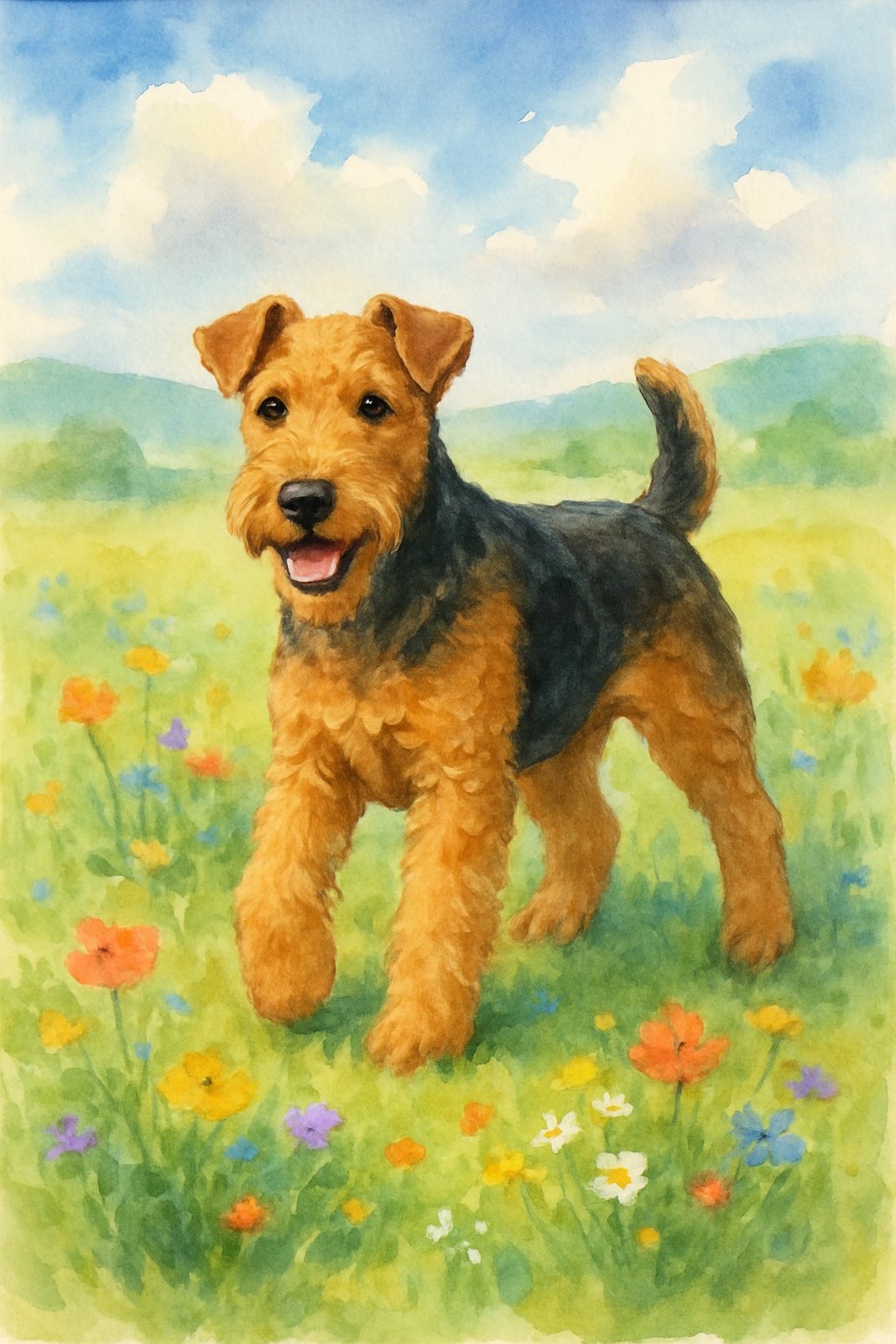 A Welsh Terrier standing in a green meadow with wildflowers and hills in the background.