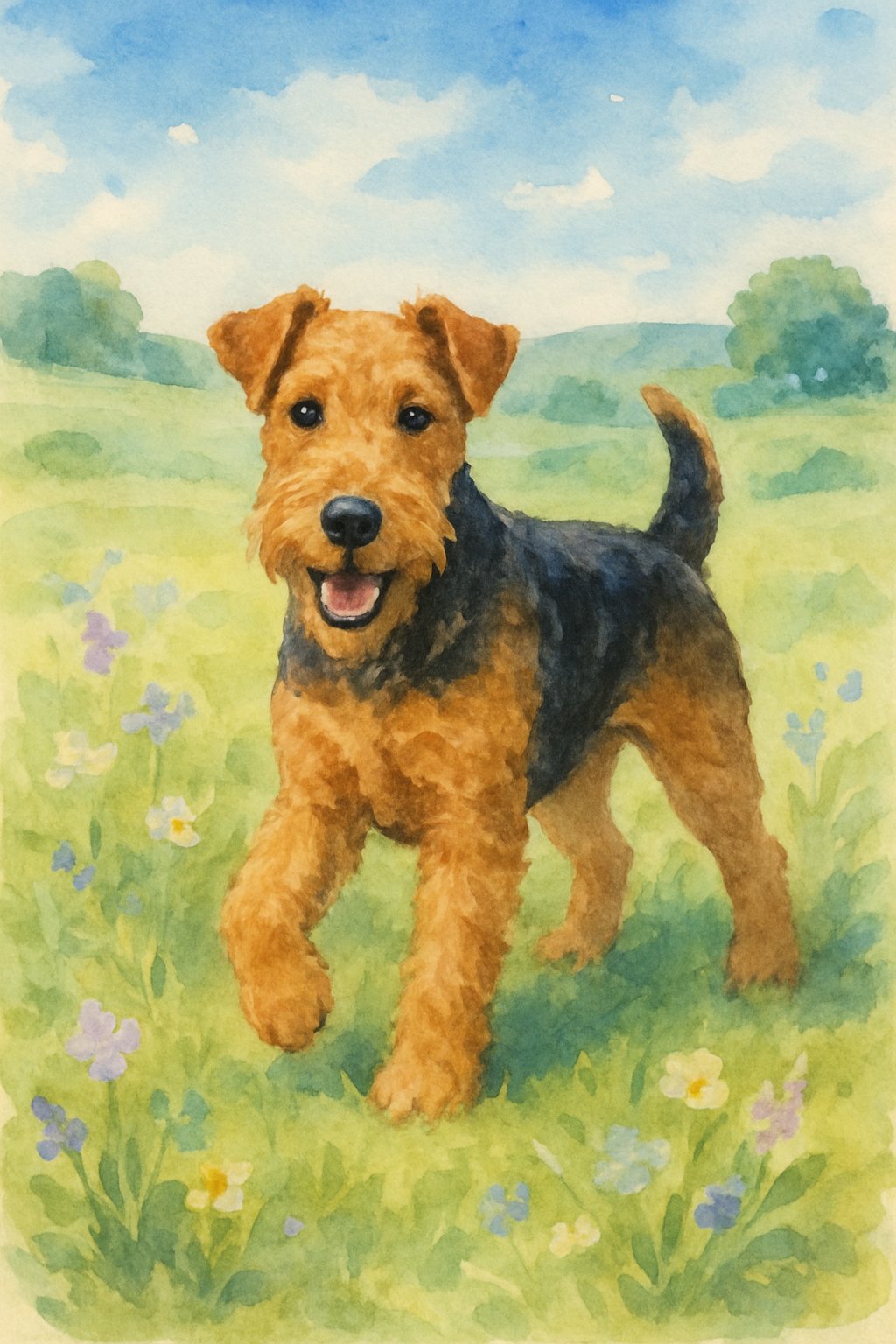 A Welsh Terrier dog standing in a green meadow with wildflowers and hills in the background.