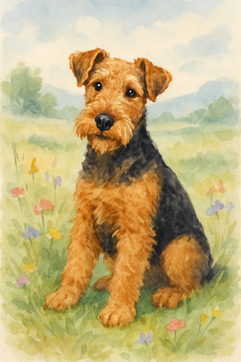 A male Welsh Terrier dog sitting in a green meadow with wildflowers and rolling hills in the background.