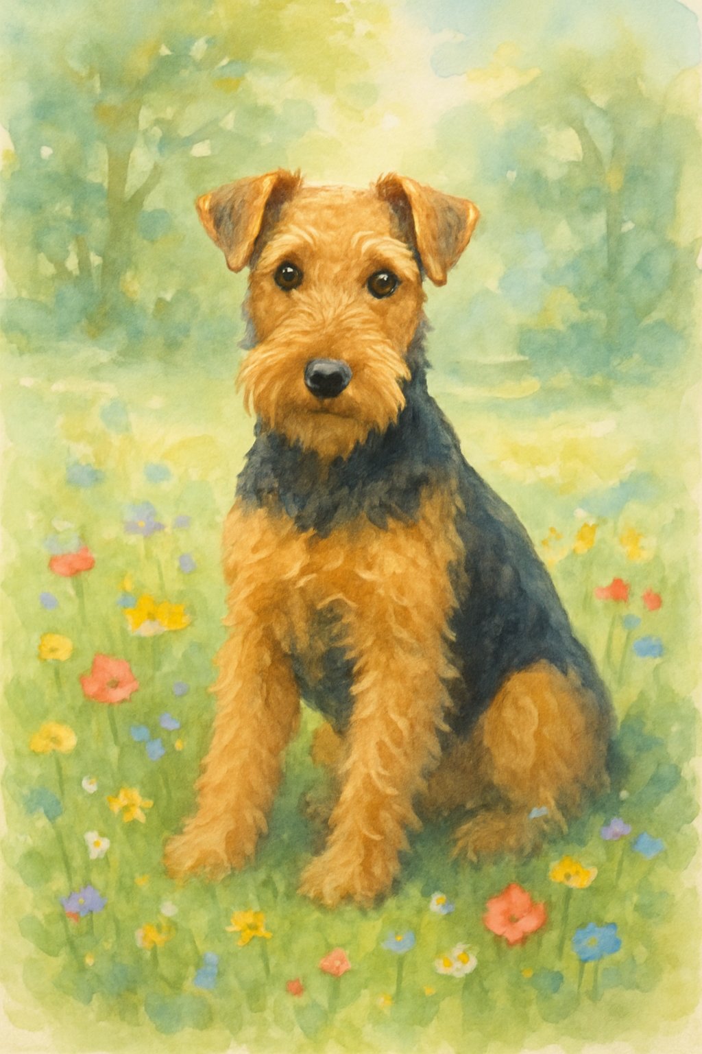 A female Welsh Terrier dog sitting in a green meadow with wildflowers and trees in the background.