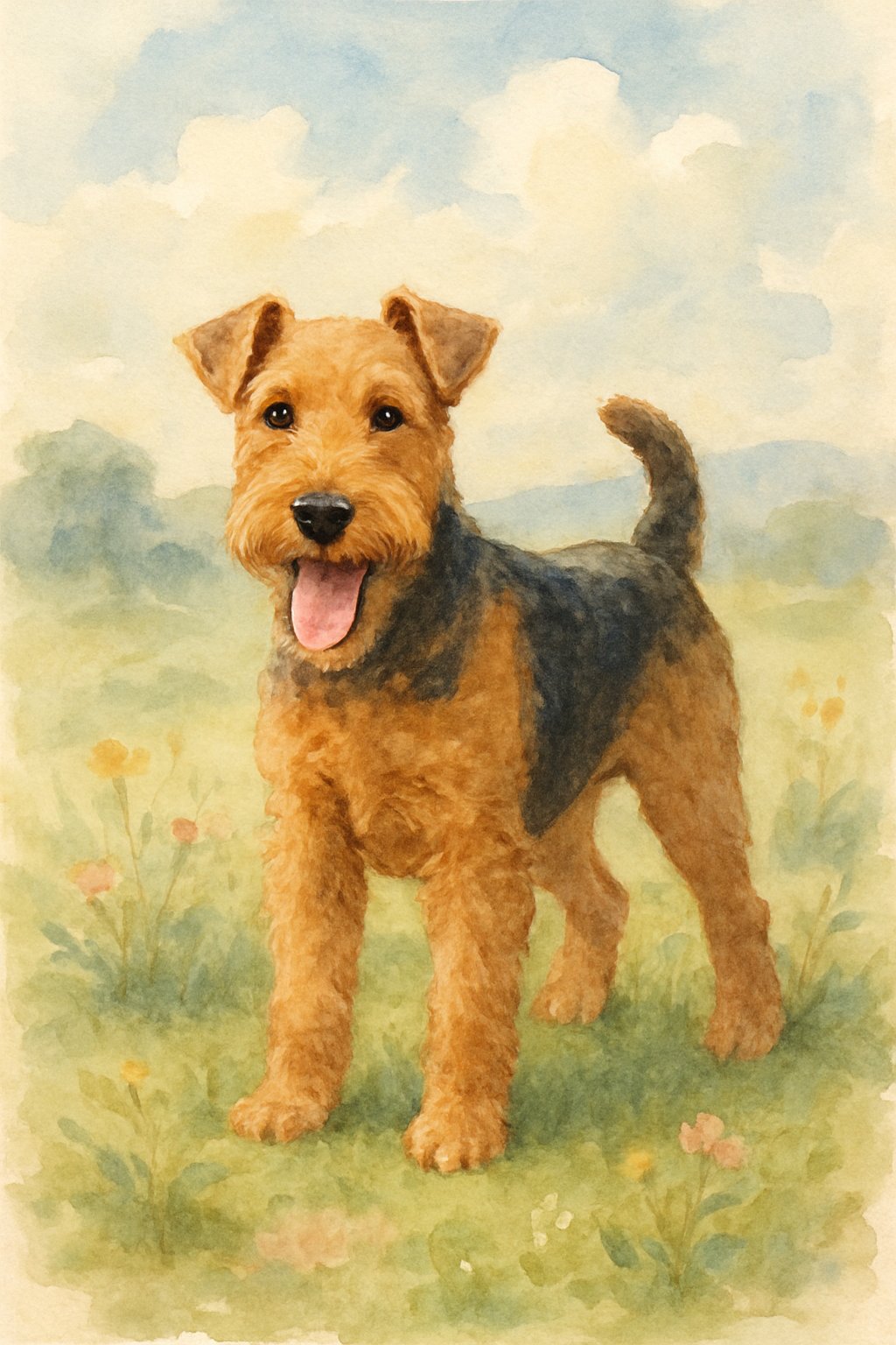 A Welsh Terrier dog standing on grass with wildflowers and hills in the background.
