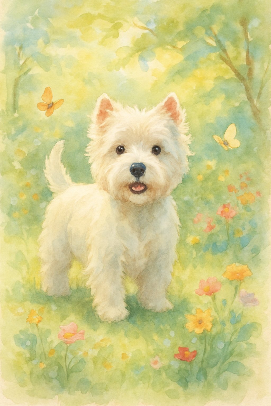 A white West Highland Terrier standing in a garden with flowers and greenery around it.