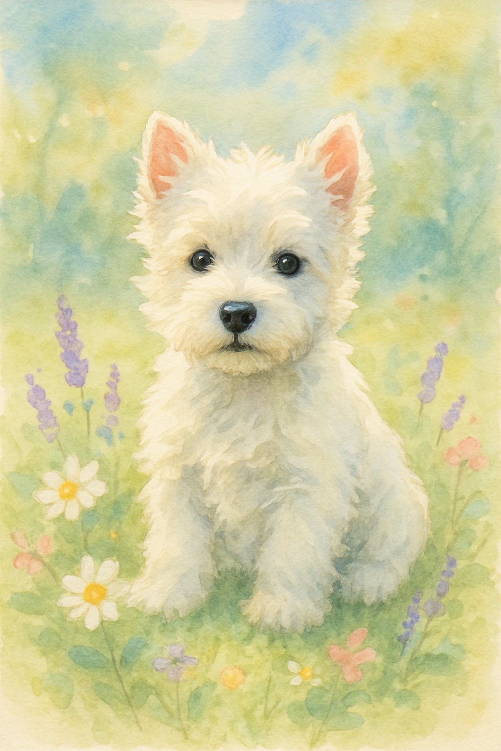 A white West Highland Terrier puppy sitting on grass surrounded by flowers in a sunny garden.