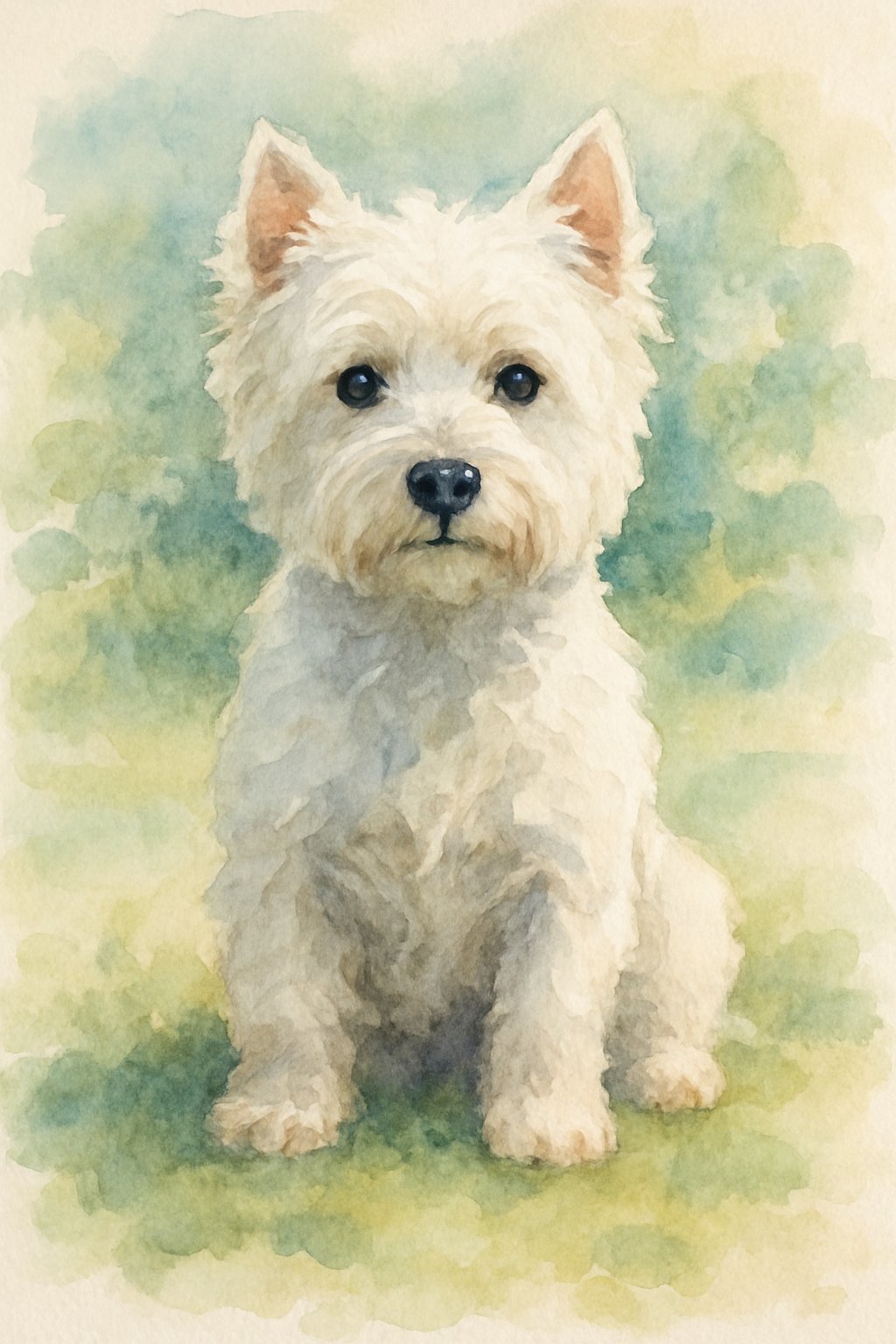 A male West Highland White Terrier sitting on grass with a soft garden background.