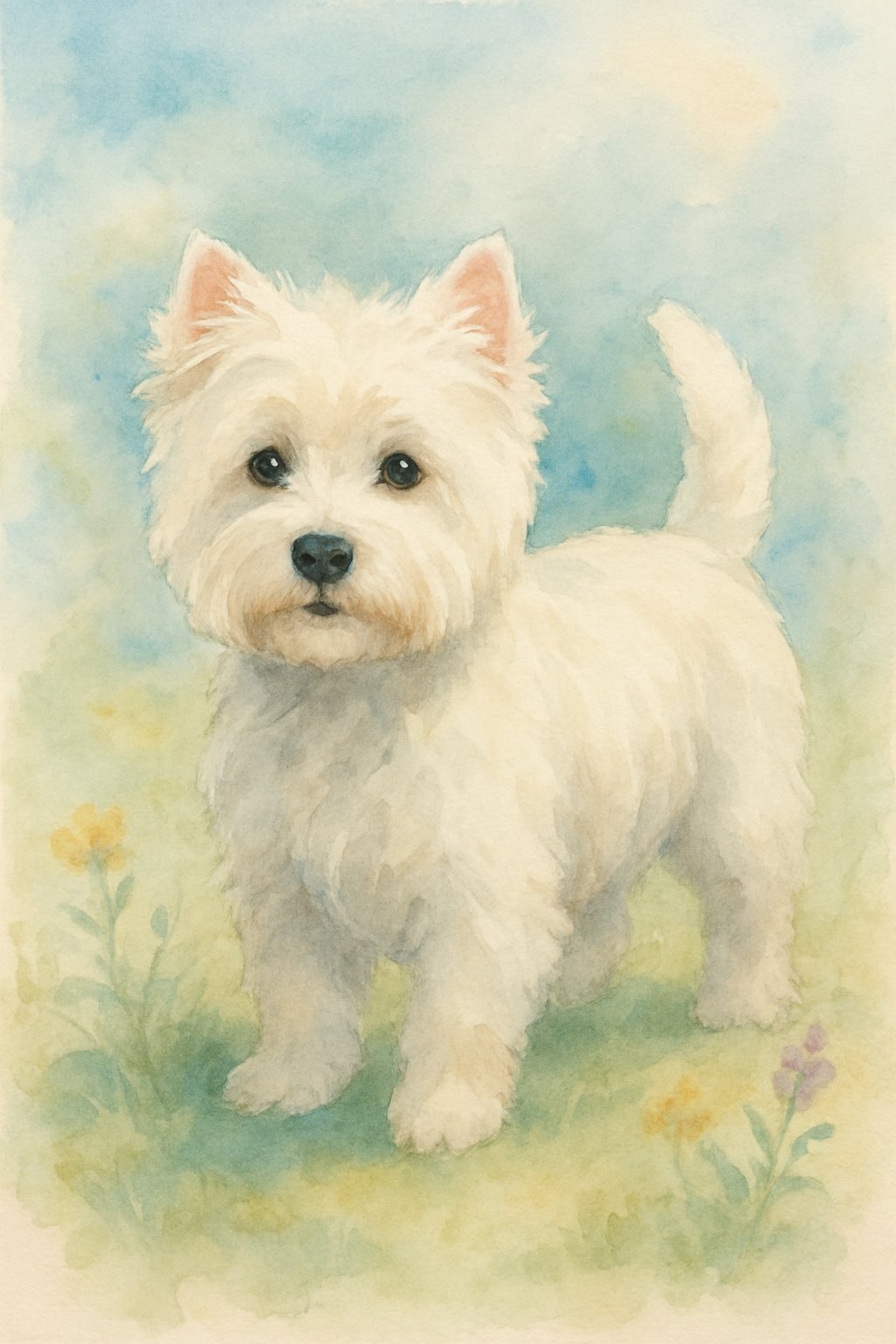 A white female West Highland White Terrier standing on grass with wildflowers around her.
