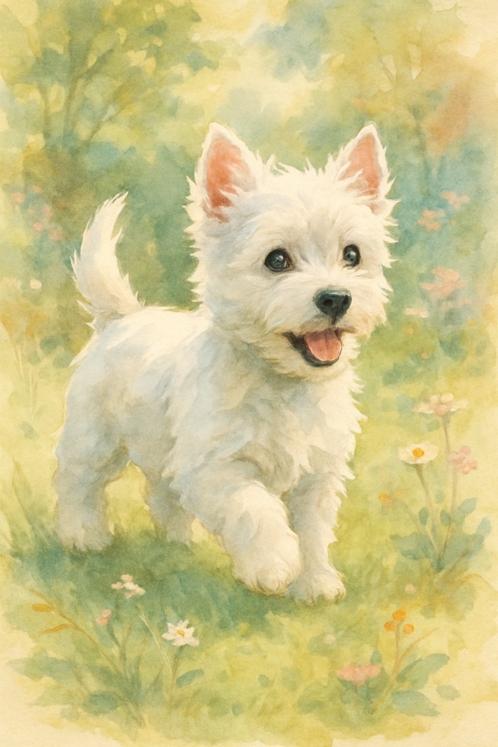 A playful West Highland White Terrier puppy standing on grass surrounded by wildflowers in a garden.