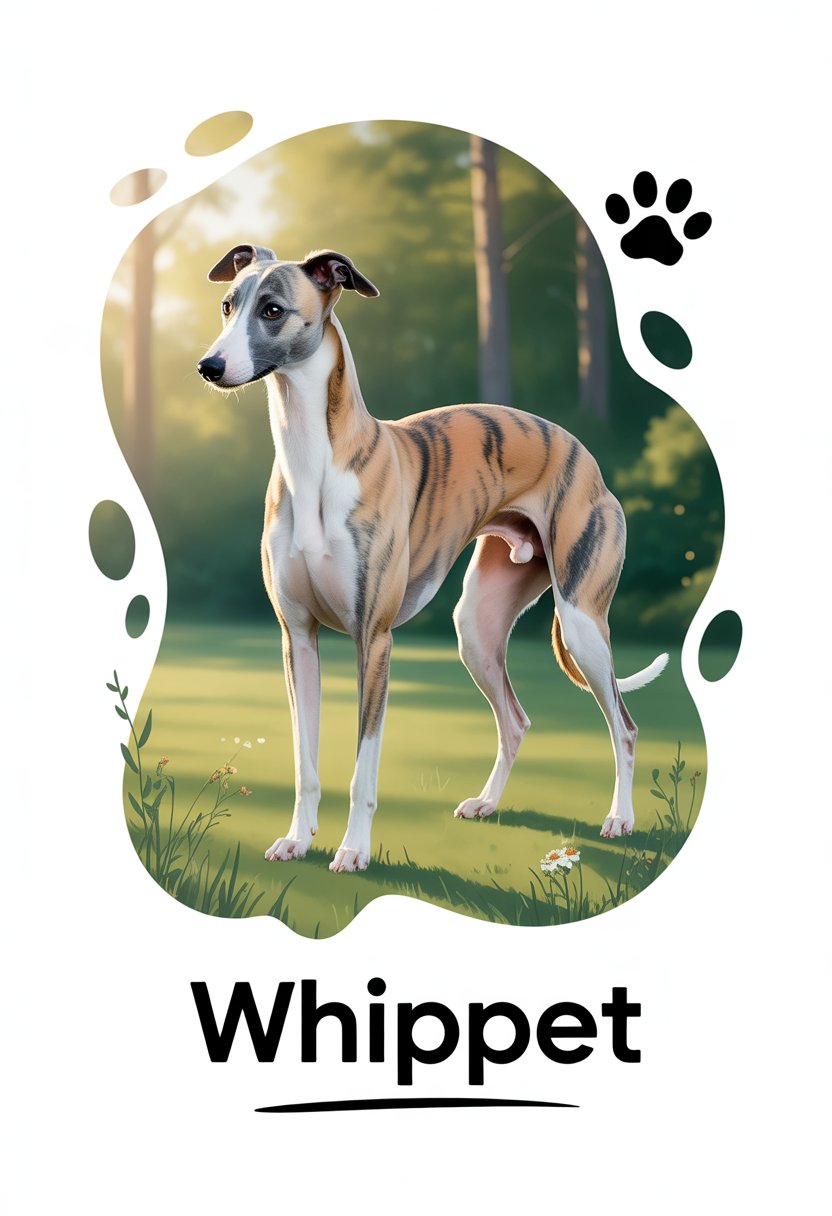 A Whippet dog standing gracefully in a sunlit grassy meadow with trees in the background.