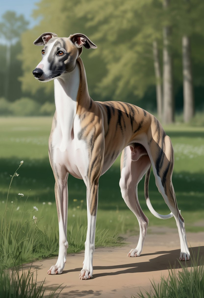 A male Whippet dog standing gracefully outdoors on grass with trees and sunlight in the background.